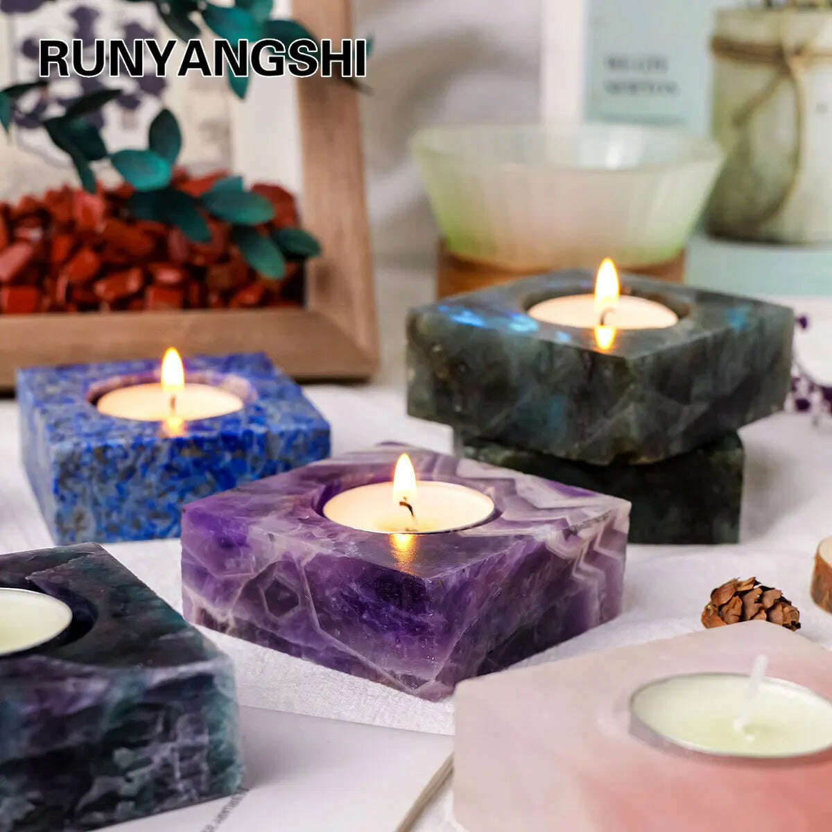 KIMLUD, 1pc Natural Crystal Raw Stone Square Rose Quartz Rough Candlestick Clear Quartz Smokeless Candle Home Decoration, KIMLUD Womens Clothes