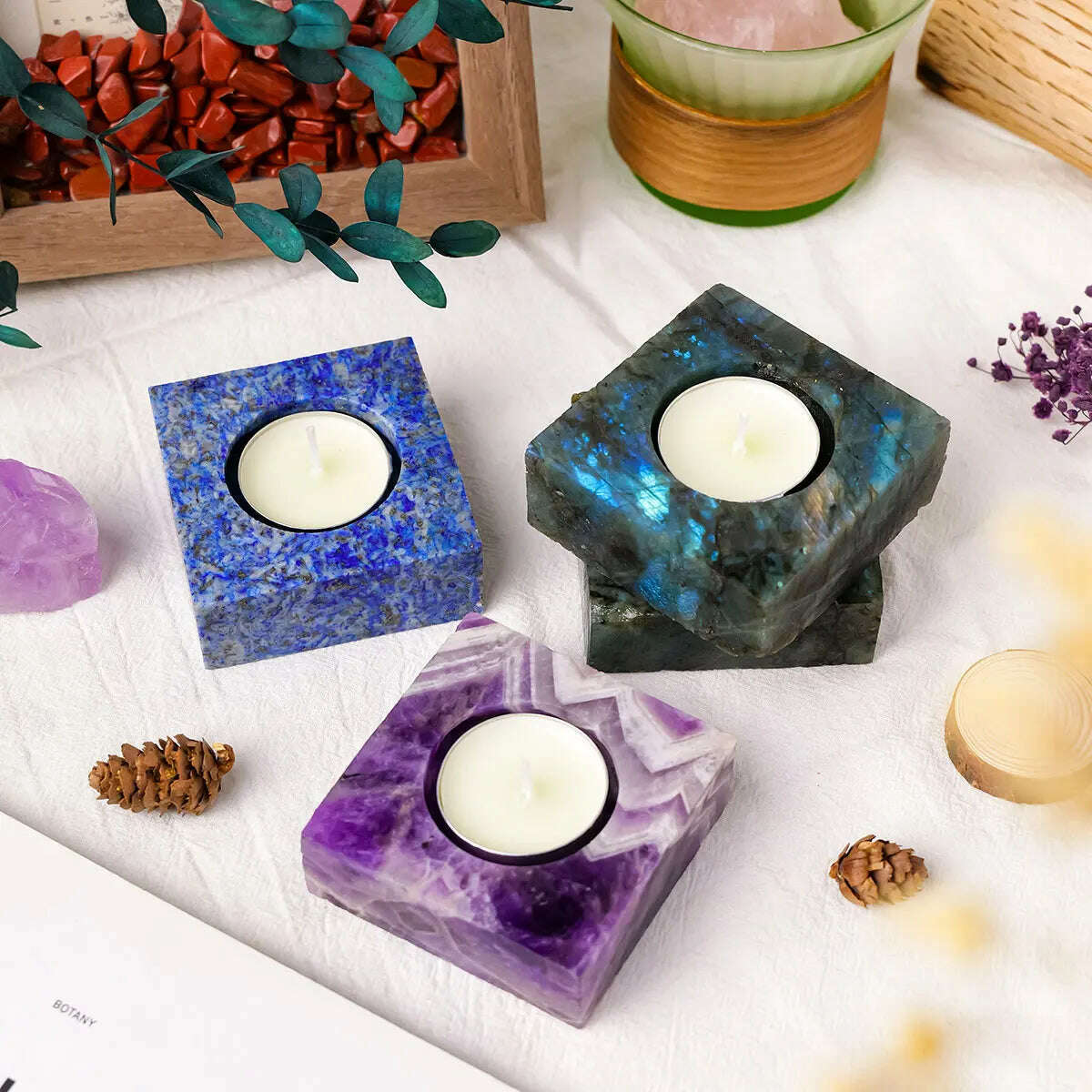 KIMLUD, 1pc Natural Crystal Raw Stone Square Rose Quartz Rough Candlestick Clear Quartz Smokeless Candle Home Decoration, KIMLUD Womens Clothes