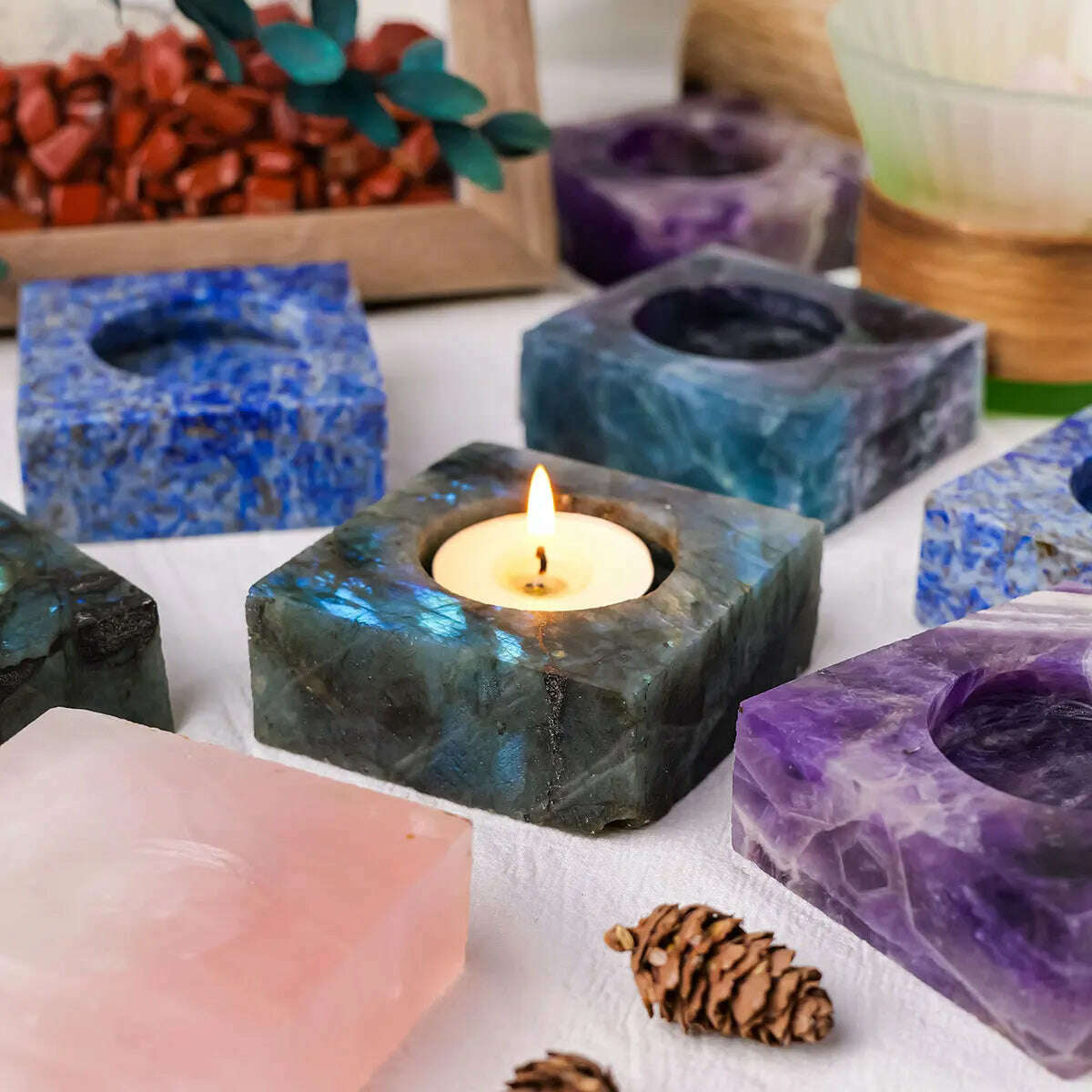 KIMLUD, 1pc Natural Crystal Raw Stone Square Rose Quartz Rough Candlestick Clear Quartz Smokeless Candle Home Decoration, KIMLUD Womens Clothes