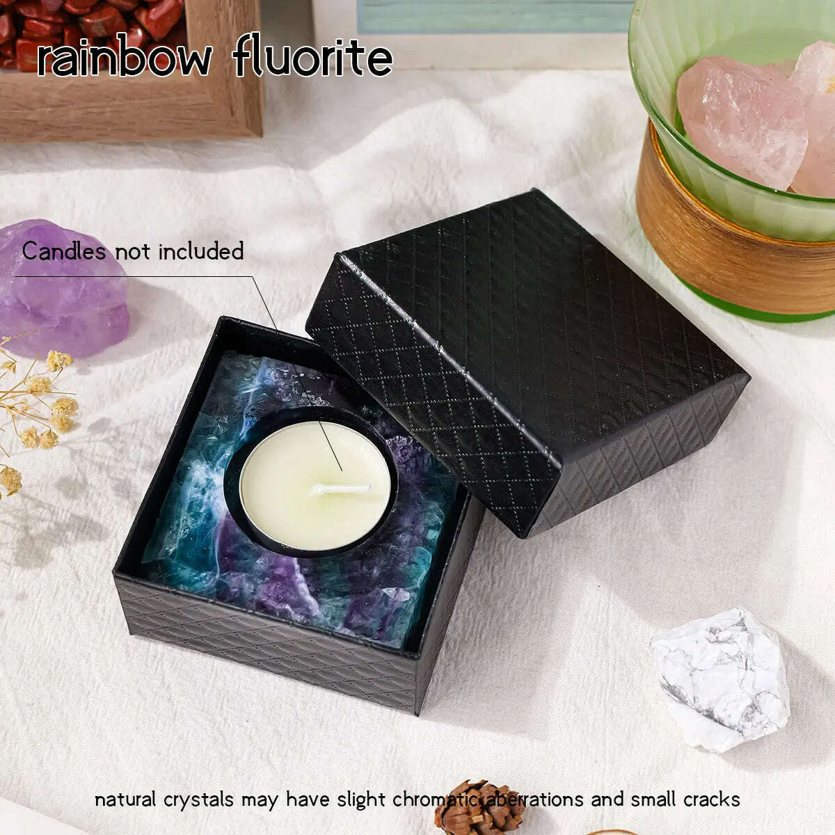KIMLUD, 1pc Natural Crystal Raw Stone Square Rose Quartz Rough Candlestick Clear Quartz Smokeless Candle Home Decoration, rainbow-fluorite / CHINA, KIMLUD APPAREL - Womens Clothes