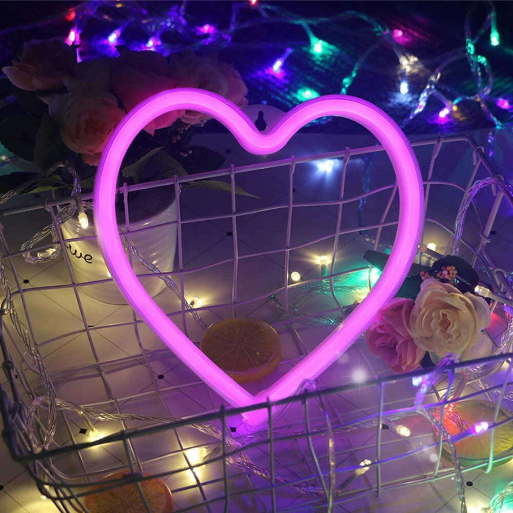 1PC Neon Heart Lights Pink Heart Neon Sign Heart Led Light Led Heart Lamp Heart Decorations For Home Hanging Heart Gifts Decor - KIMLUD