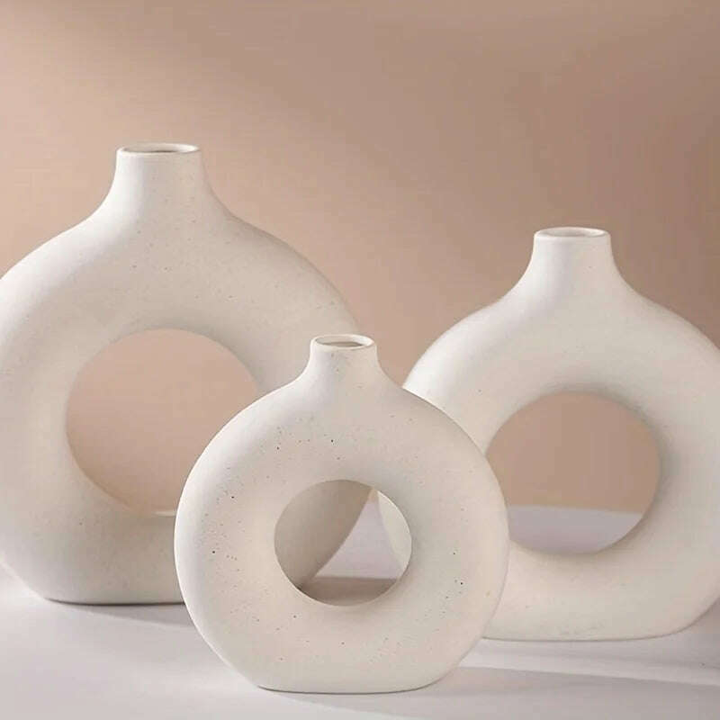 1pc, White/Beige Ceramic Vase Vases For Decor, Modern Home Decor Vase, Boho Vases For Decor, Circle Vase, Round Vase, Donut Vas - KIMLUD