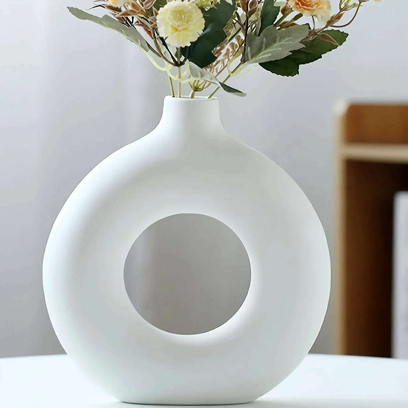 1pc, White/Beige Ceramic Vase Vases For Decor, Modern Home Decor Vase, Boho Vases For Decor, Circle Vase, Round Vase, Donut Vas - KIMLUD