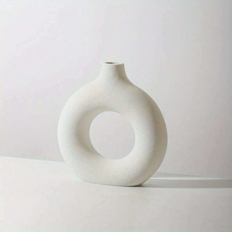 1pc, White/Beige Ceramic Vase Vases For Decor, Modern Home Decor Vase, Boho Vases For Decor, Circle Vase, Round Vase, Donut Vas - KIMLUD