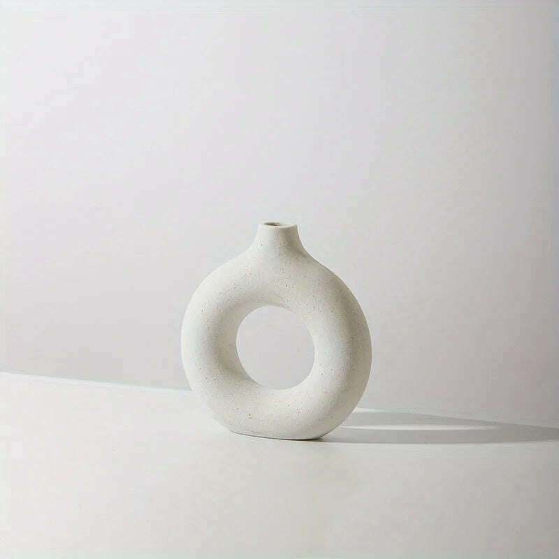 1pc, White/Beige Ceramic Vase Vases For Decor, Modern Home Decor Vase, Boho Vases For Decor, Circle Vase, Round Vase, Donut Vas - KIMLUD