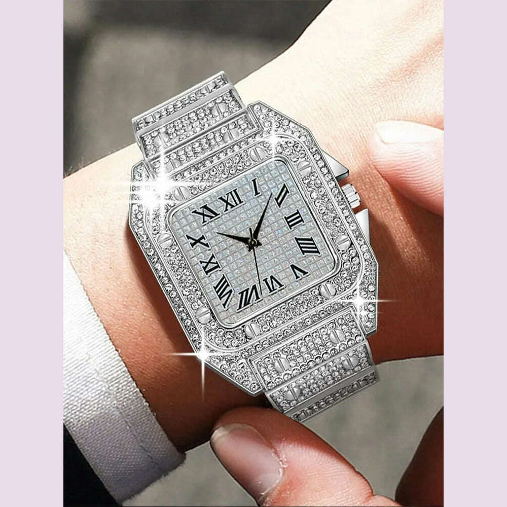 KIMLUD, 1pcs Fashion Business Calendar Men's Full Diamond Black Steel Band Quartz Watch, KIMLUD Womens Clothes