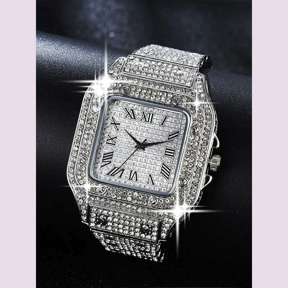 KIMLUD, 1pcs Fashion Business Calendar Men's Full Diamond Black Steel Band Quartz Watch, KIMLUD Womens Clothes