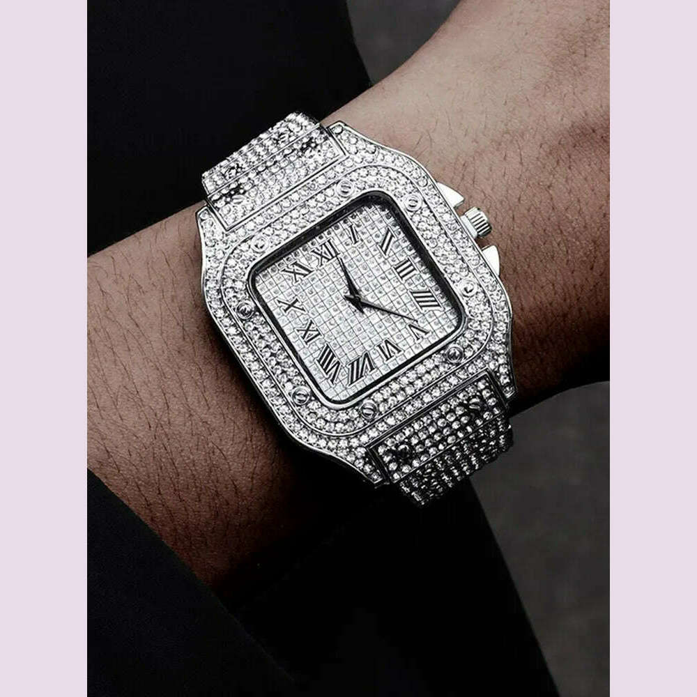 KIMLUD, 1pcs Fashion Business Calendar Men's Full Diamond Black Steel Band Quartz Watch, KIMLUD Womens Clothes