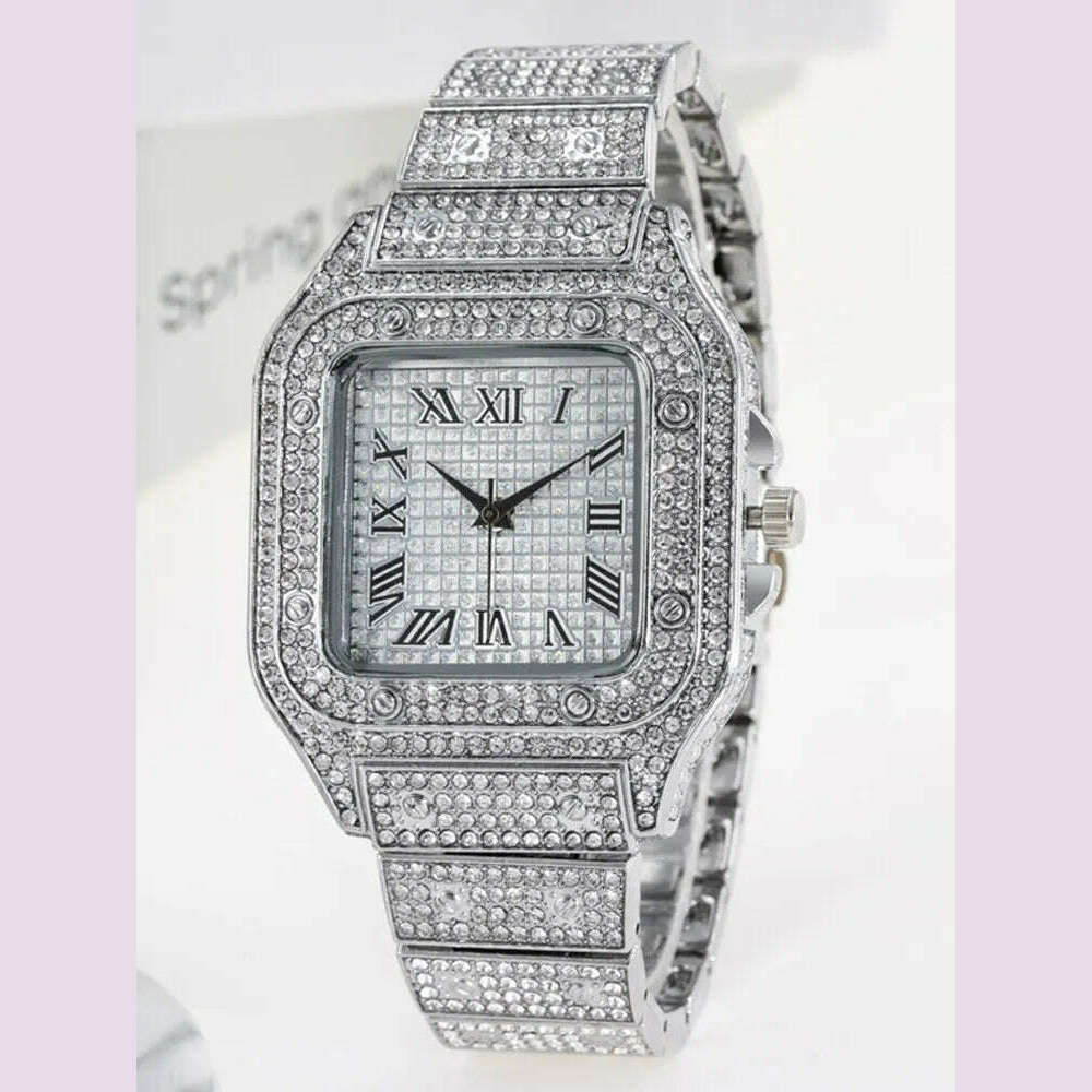 KIMLUD, 1pcs Fashion Business Calendar Men's Full Diamond Black Steel Band Quartz Watch, KIMLUD Womens Clothes