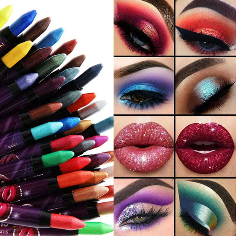 2 In 1 Glitter Eyeshadow Lipstick Pencil Stick Waterproof Pearl Silkworm Eye Shadow Pen Long-lasting Eyeshadow Make Up Cosmetic - KIMLUD