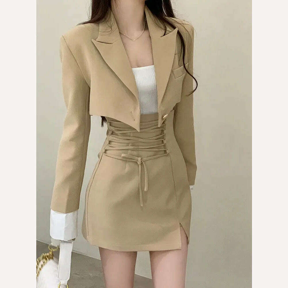 KIMLUD, 2 Piece Dress Set Women Casual Y2k Crop Tops Elegant Jacket Coats + Mini Skirts Korean Fashion Suits 2022 Autumn Blazers Dress, KIMLUD Womens ClothesKIMLUD, 2 Piece Dress Set Women Casual Y2k Crop Tops Elegant Jacket Coats + Mini Skirts Korean Fashion Suits 2022 Autumn Blazers Dress, Khaki / S, KIMLUD APPAREL - Womens Clothes