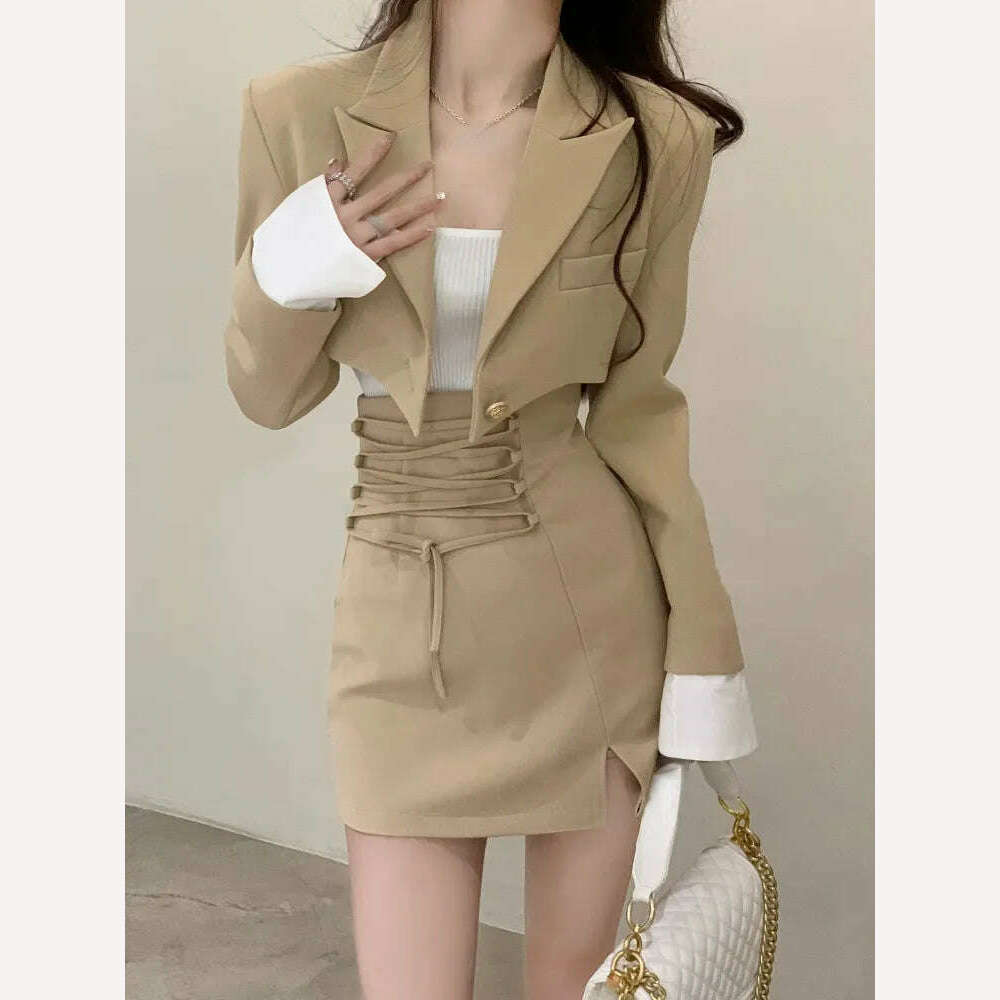 KIMLUD, 2 Piece Dress Set Women Casual Y2k Crop Tops Elegant Jacket Coats + Mini Skirts Korean Fashion Suits 2022 Autumn Blazers Dress, KIMLUD Womens Clothes