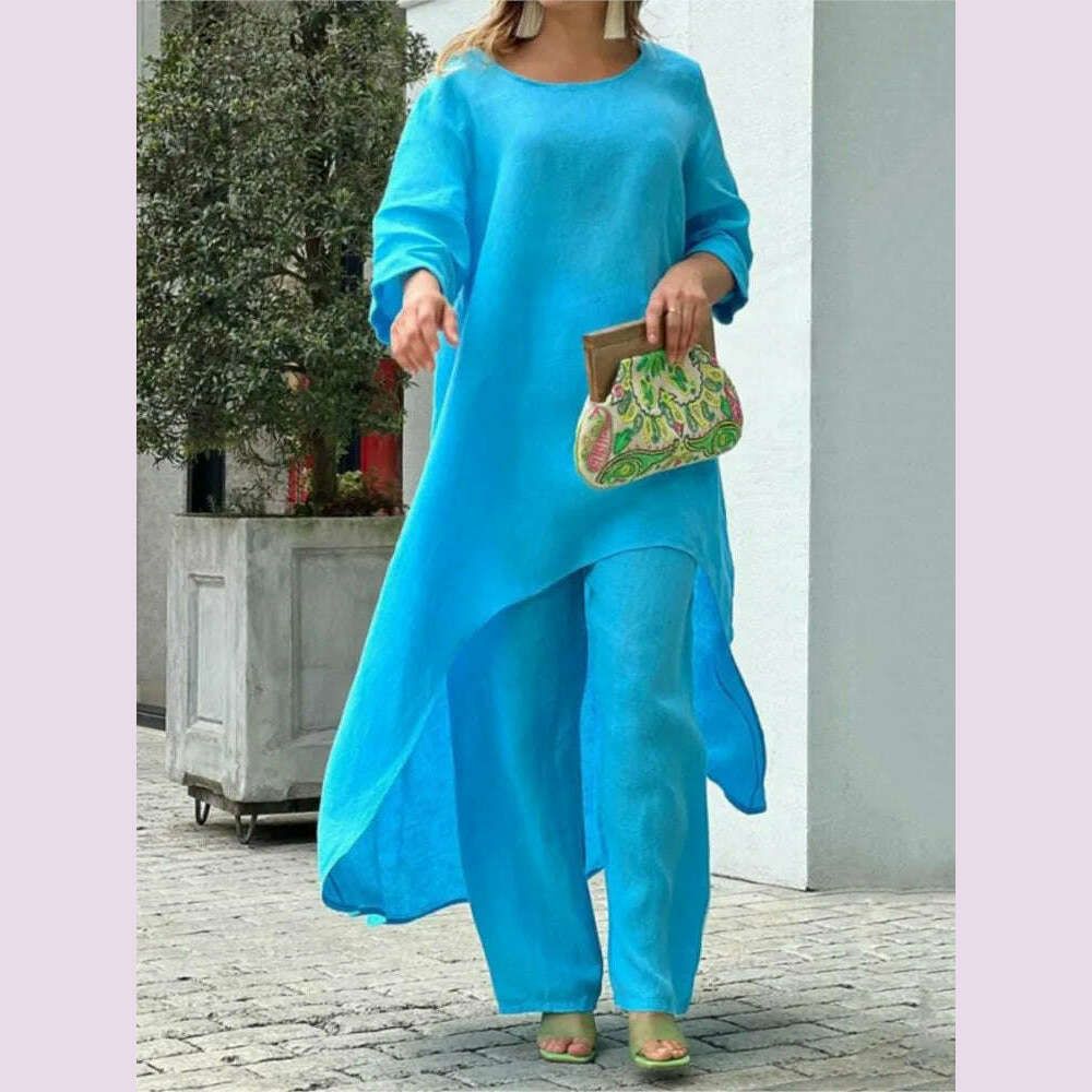 KIMLUD, 2 Piece Sets Women Solid Color Irregular Long Sleeved Tops Wide Leg Pants Two-piece Set Female Elegant Office Lady Outfit 2025, KIMLUD Womens Clothes