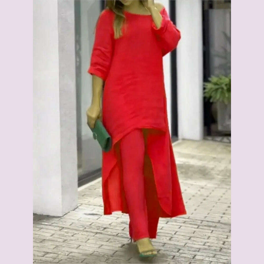 KIMLUD, 2 Piece Sets Women Solid Color Irregular Long Sleeved Tops Wide Leg Pants Two-piece Set Female Elegant Office Lady Outfit 2025, KIMLUD Womens Clothes