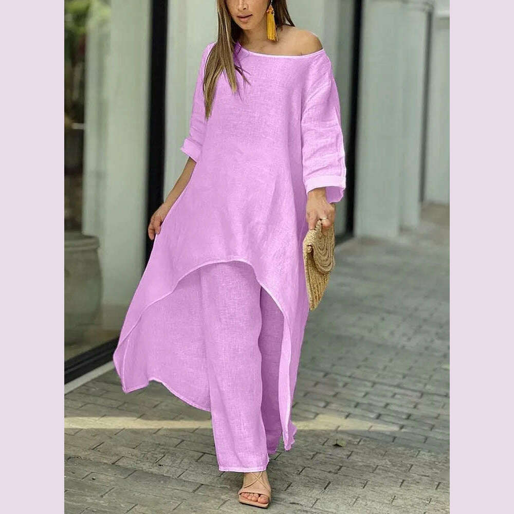 KIMLUD, 2 Piece Sets Women Solid Color Irregular Long Sleeved Tops Wide Leg Pants Two-piece Set Female Elegant Office Lady Outfit 2025, KIMLUD Womens Clothes