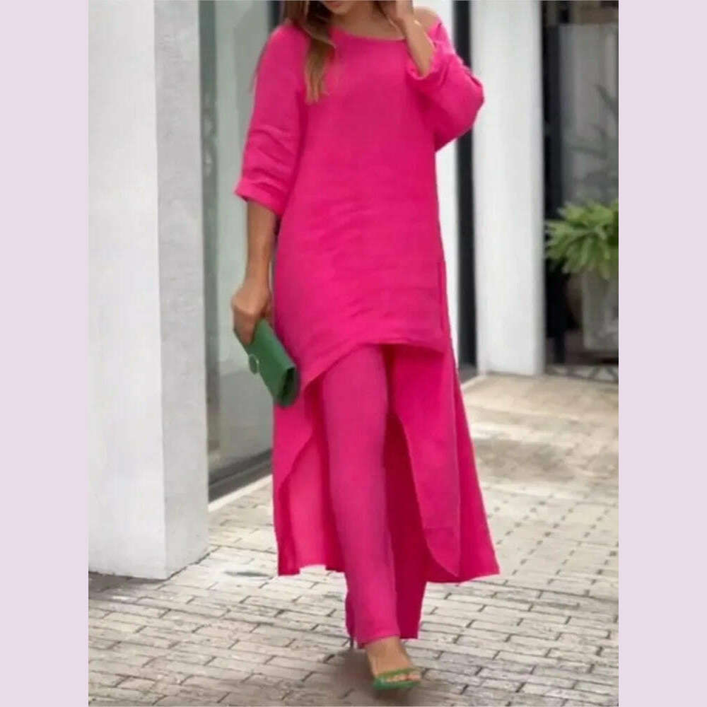 KIMLUD, 2 Piece Sets Women Solid Color Irregular Long Sleeved Tops Wide Leg Pants Two-piece Set Female Elegant Office Lady Outfit 2025, KIMLUD Womens Clothes