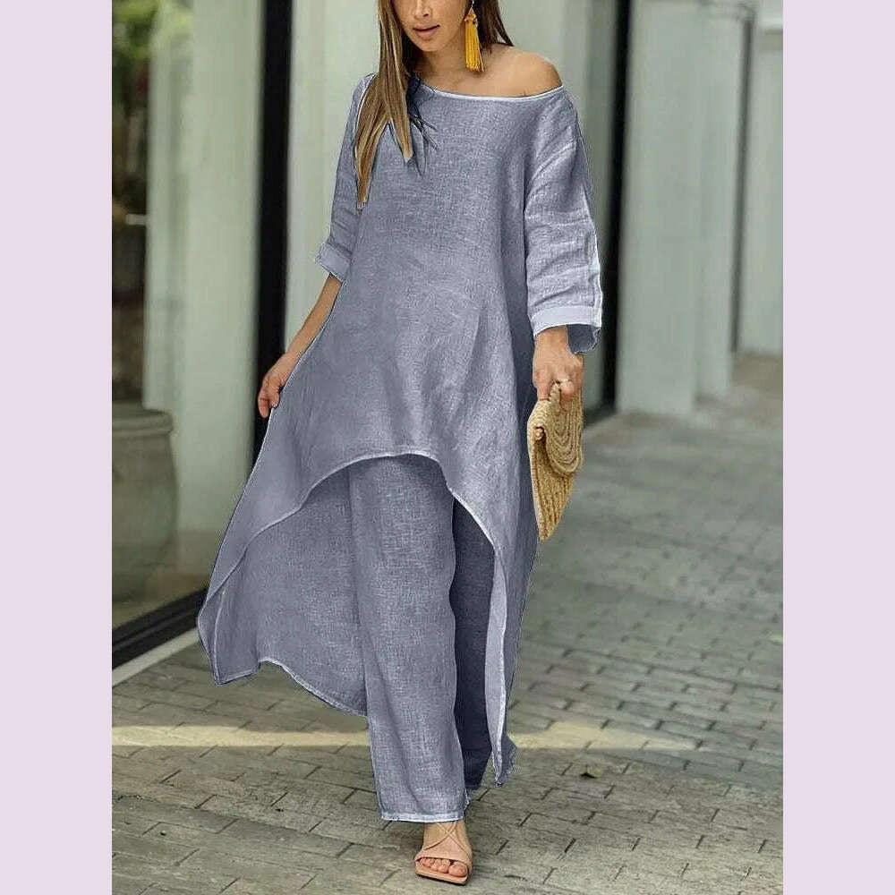 KIMLUD, 2 Piece Sets Women Solid Color Irregular Long Sleeved Tops Wide Leg Pants Two-piece Set Female Elegant Office Lady Outfit 2025, KIMLUD Womens Clothes