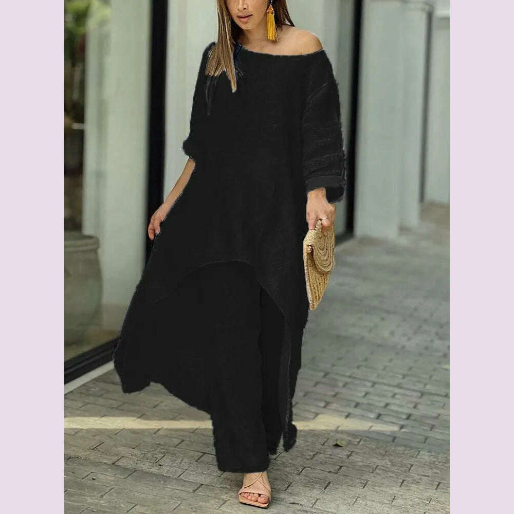 KIMLUD, 2 Piece Sets Women Solid Color Irregular Long Sleeved Tops Wide Leg Pants Two-piece Set Female Elegant Office Lady Outfit 2025, KIMLUD Womens Clothes