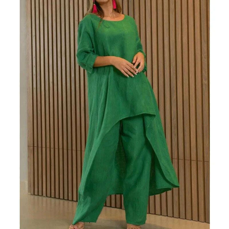 KIMLUD, 2 Piece Sets Women Solid Color Irregular Long Sleeved Tops Wide Leg Pants Two-piece Set Female Elegant Office Lady Outfit 2025, green / XXXL, KIMLUD APPAREL - Womens Clothes