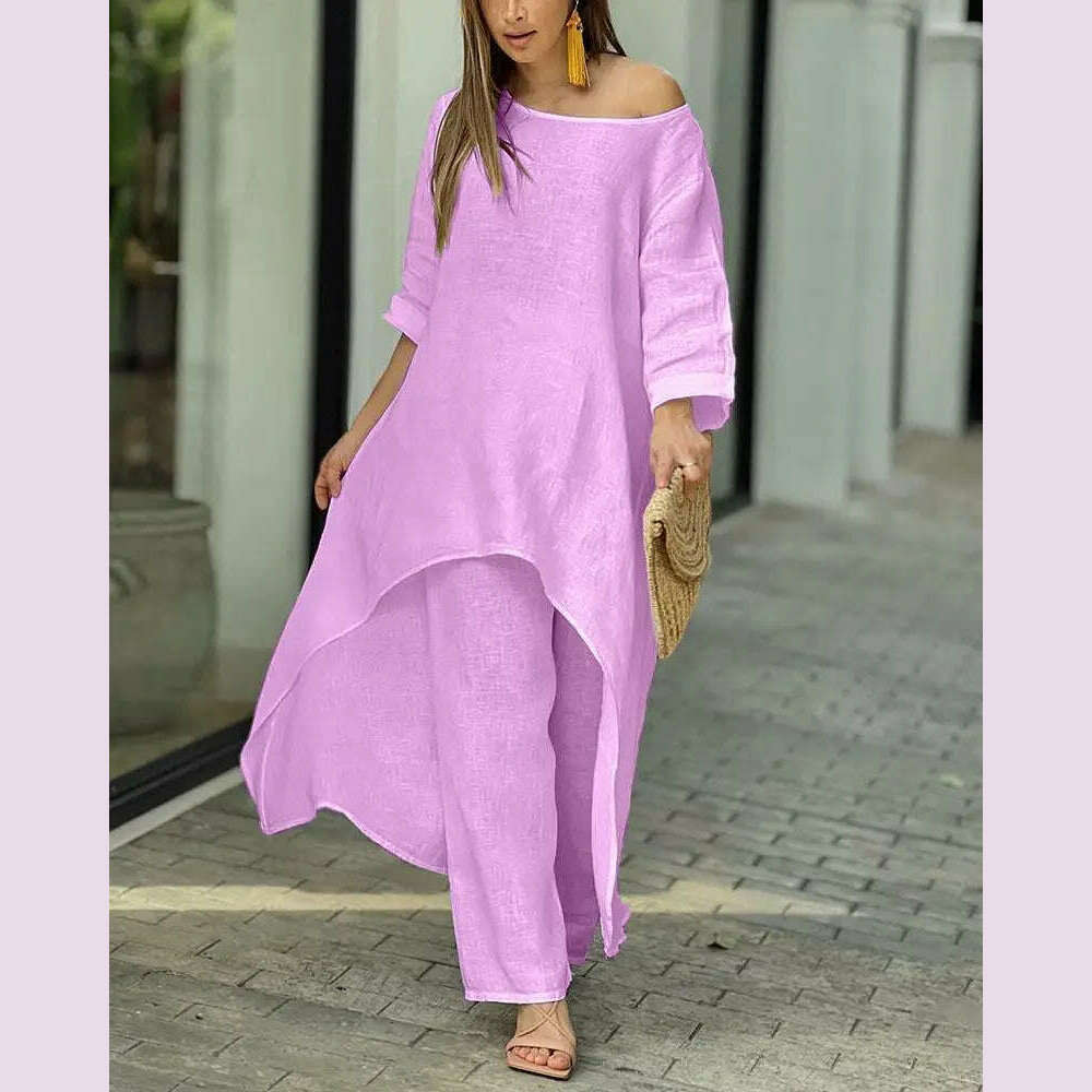 KIMLUD, 2 Piece Sets Women Solid Color Irregular Long Sleeved Tops Wide Leg Pants Two-piece Set Female Elegant Office Lady Outfit 2025, PURPLE / XXXL, KIMLUD APPAREL - Womens Clothes