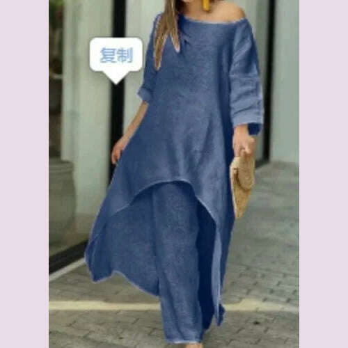 KIMLUD, 2 Piece Sets Women Solid Color Irregular Long Sleeved Tops Wide Leg Pants Two-piece Set Female Elegant Office Lady Outfit 2025, DEEP BLUE / XXXL, KIMLUD APPAREL - Womens Clothes