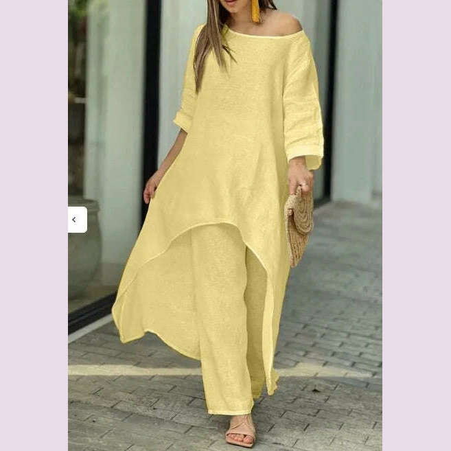KIMLUD, 2 Piece Sets Women Solid Color Irregular Long Sleeved Tops Wide Leg Pants Two-piece Set Female Elegant Office Lady Outfit 2025, Yellow / S, KIMLUD APPAREL - Womens Clothes