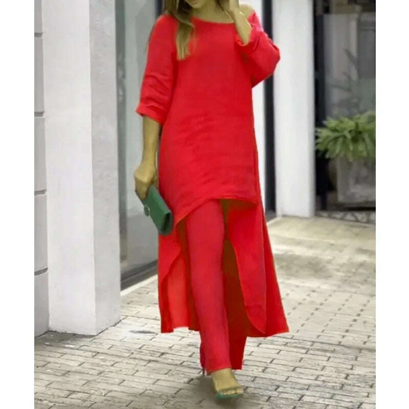 KIMLUD, 2 Piece Sets Women Solid Color Irregular Long Sleeved Tops Wide Leg Pants Two-piece Set Female Elegant Office Lady Outfit 2025, Red / XXXL, KIMLUD APPAREL - Womens Clothes