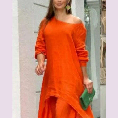 KIMLUD, 2 Piece Sets Women Solid Color Irregular Long Sleeved Tops Wide Leg Pants Two-piece Set Female Elegant Office Lady Outfit 2025, Orange / XXXL, KIMLUD APPAREL - Womens Clothes