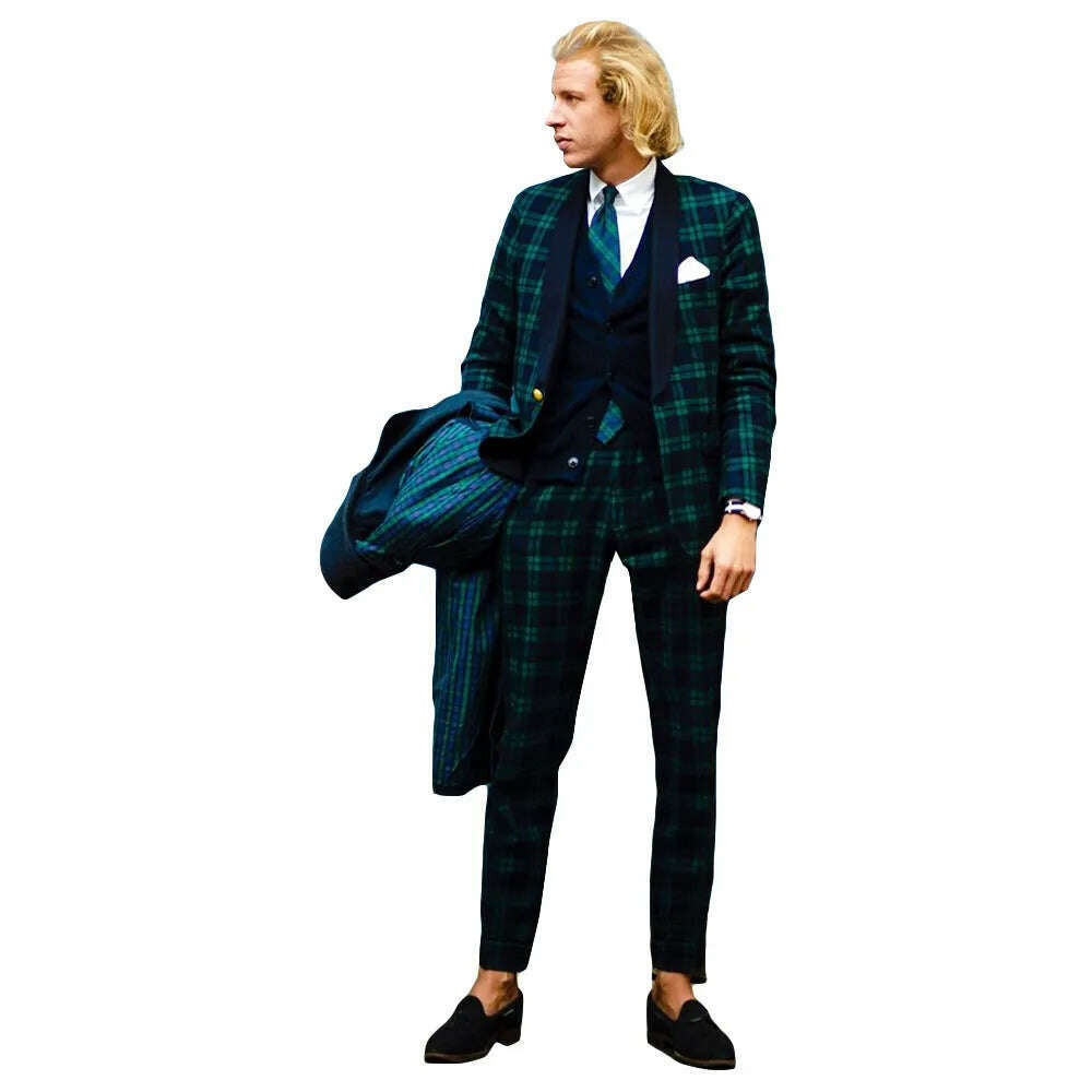 KIMLUD, 2 Pieces Green Navy Blue Plaid Mens Wedding Tuxedos Blazer&Pants Groom Groomsmen Suit Custom Made Fashion Men Suits, KIMLUD Womens Clothes