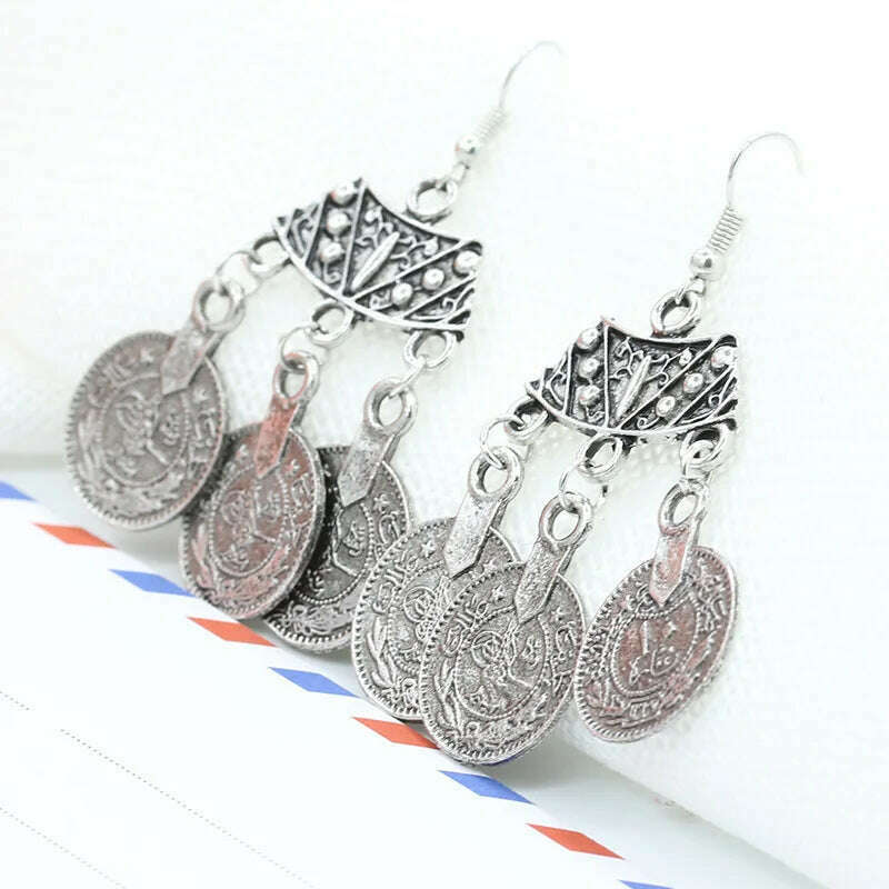 2016 New Fashion Ethnic Bohemian Gypsy Drop Earrings Sector Design Boho Indian Jewelry Long Big Pendant Ancient Coins Earrings - KIMLUD