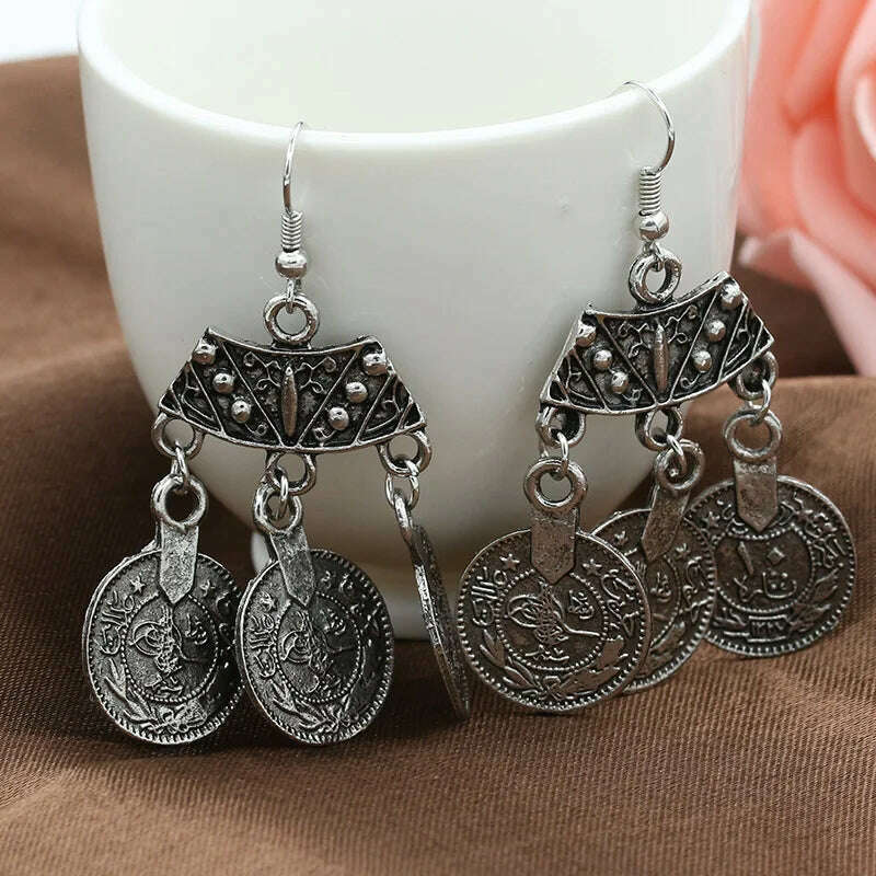 2016 New Fashion Ethnic Bohemian Gypsy Drop Earrings Sector Design Boho Indian Jewelry Long Big Pendant Ancient Coins Earrings - KIMLUD
