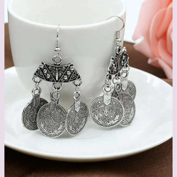 2016 New Fashion Ethnic Bohemian Gypsy Drop Earrings Sector Design Boho Indian Jewelry Long Big Pendant Ancient Coins Earrings - KIMLUD