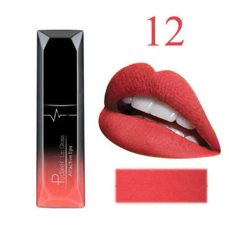 KIMLUD, 2019 Hot Waterproof Liquid Lip Gloss Metallic Matte Lipstick Cosmetic Sexy Batom Mate Lip Tint Makeup Lasting 24Hours Mate Levre, 12, KIMLUD Womens Clothes