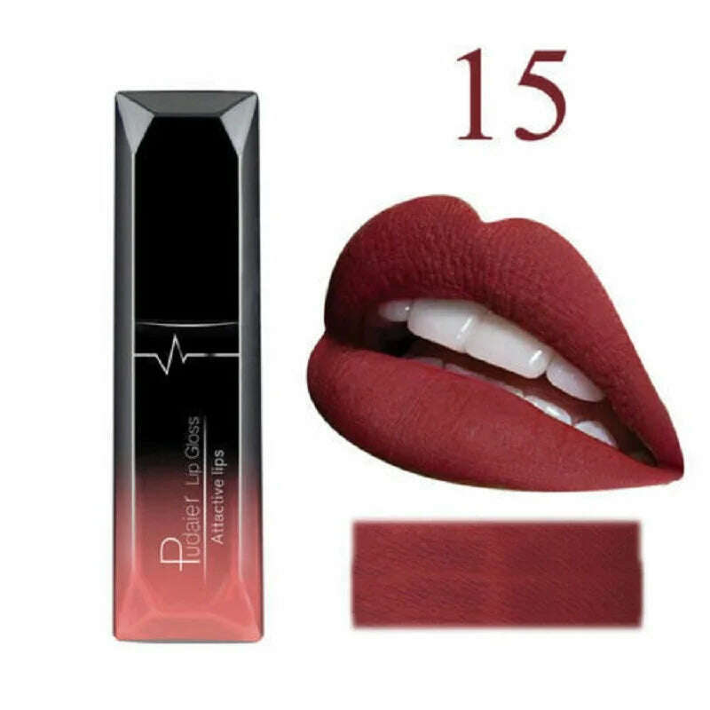 KIMLUD, 2019 Hot Waterproof Liquid Lip Gloss Metallic Matte Lipstick Cosmetic Sexy Batom Mate Lip Tint Makeup Lasting 24Hours Mate Levre, 15, KIMLUD Womens Clothes