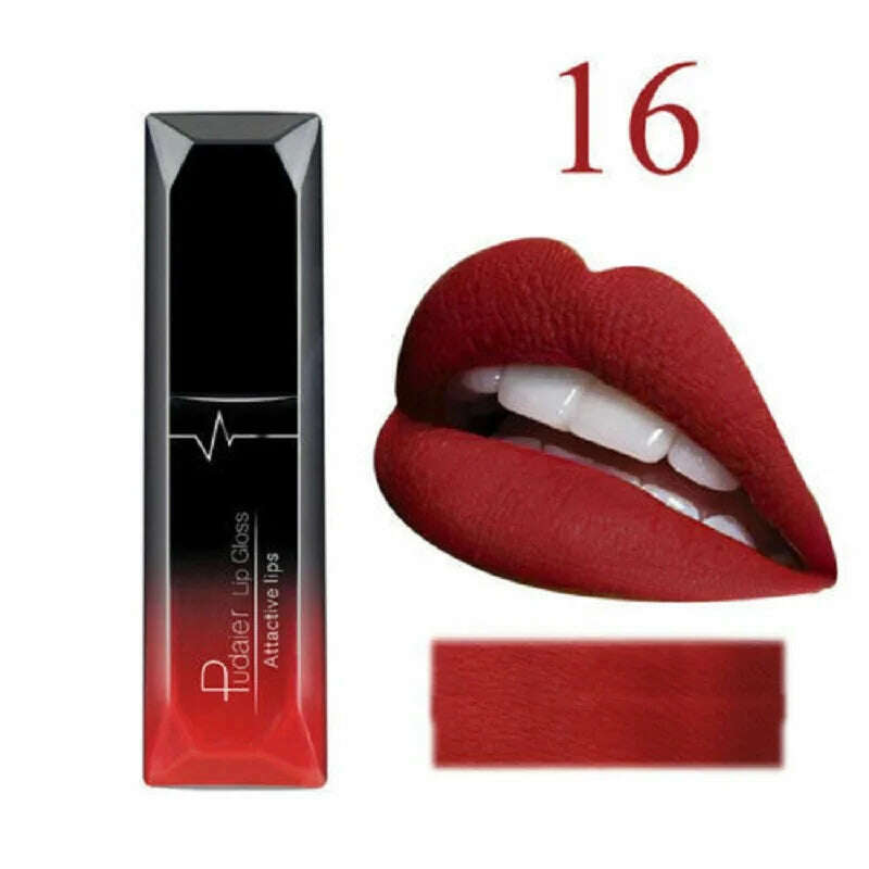 KIMLUD, 2019 Hot Waterproof Liquid Lip Gloss Metallic Matte Lipstick Cosmetic Sexy Batom Mate Lip Tint Makeup Lasting 24Hours Mate Levre, 16, KIMLUD Womens Clothes