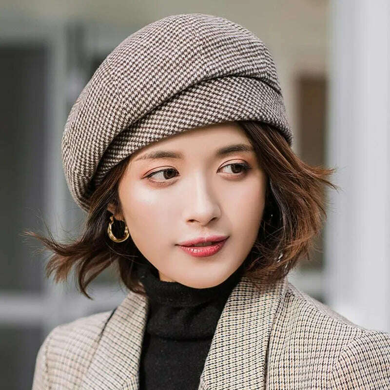 KIMLUD, 2019 new Elegant Women Plaid Beret For fashion Winter Female Cotton Wool Hats Cap Autumn 2019 Brand New Women's Painter Hat, KIMLUD Womens Clothes