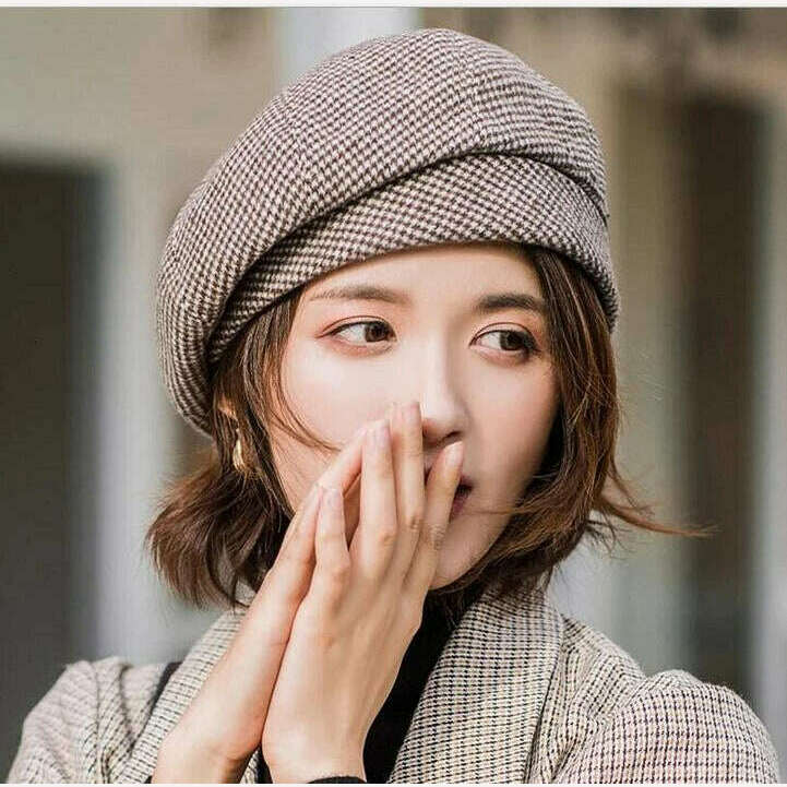 KIMLUD, 2019 new Elegant Women Plaid Beret For fashion Winter Female Cotton Wool Hats Cap Autumn 2019 Brand New Women's Painter Hat, Brown, KIMLUD Womens Clothes