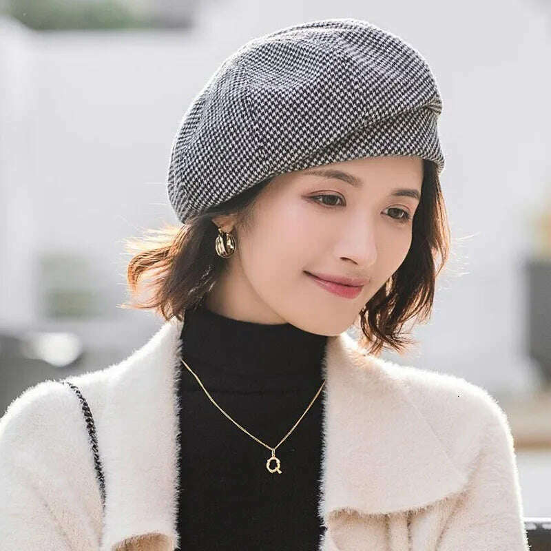 KIMLUD, 2019 new Elegant Women Plaid Beret For fashion Winter Female Cotton Wool Hats Cap Autumn 2019 Brand New Women's Painter Hat, KIMLUD Womens Clothes