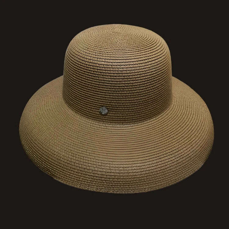KIMLUD, 2020 Fashion New Elegant Jazz Hats For Women White Sun Hat Men Formal Blue Summer Beach Cap Letter M Fedora Straw Hat, khaki / 15cm big edge, KIMLUD Womens Clothes