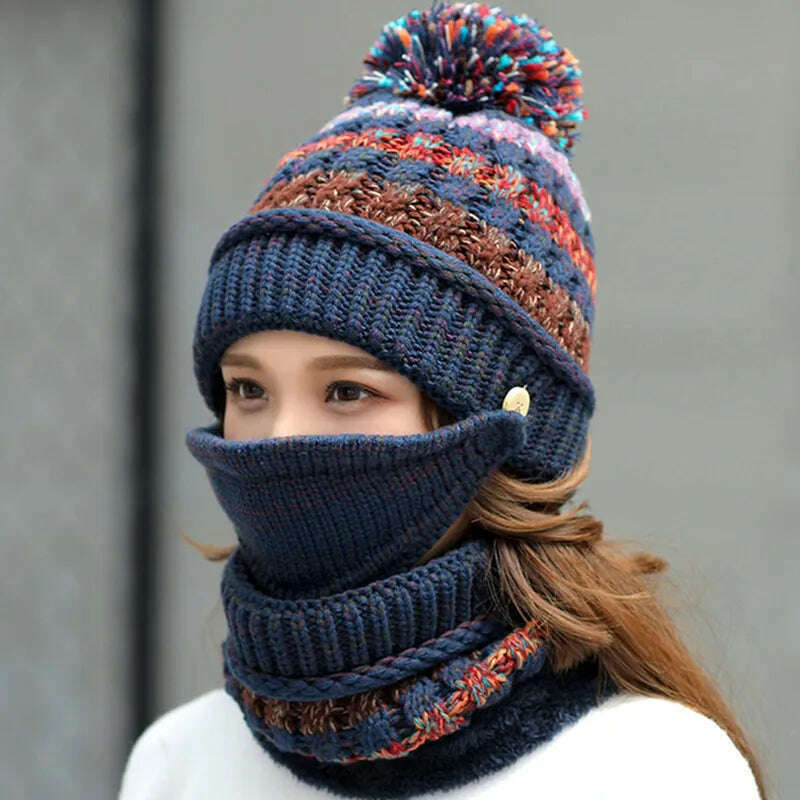 KIMLUD, 2020 Hat winter women&#39;s Mask balaclava Hat for girls Scarf Thick Warm Fleece Inside Knitted Hat Scarf Set 3pcs Winter Hats, KIMLUD Women's Clothes