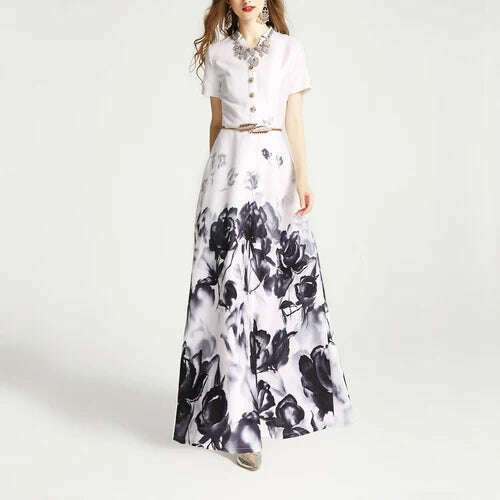 KIMLUD, 2020 New Spring and Autumn Women V Neck Retro Printed Super Long Dress Ladies Elegant Slim Hepburn Style Maxi Long Dresses, Short sleeve no belt / S, KIMLUD Womens Clothes