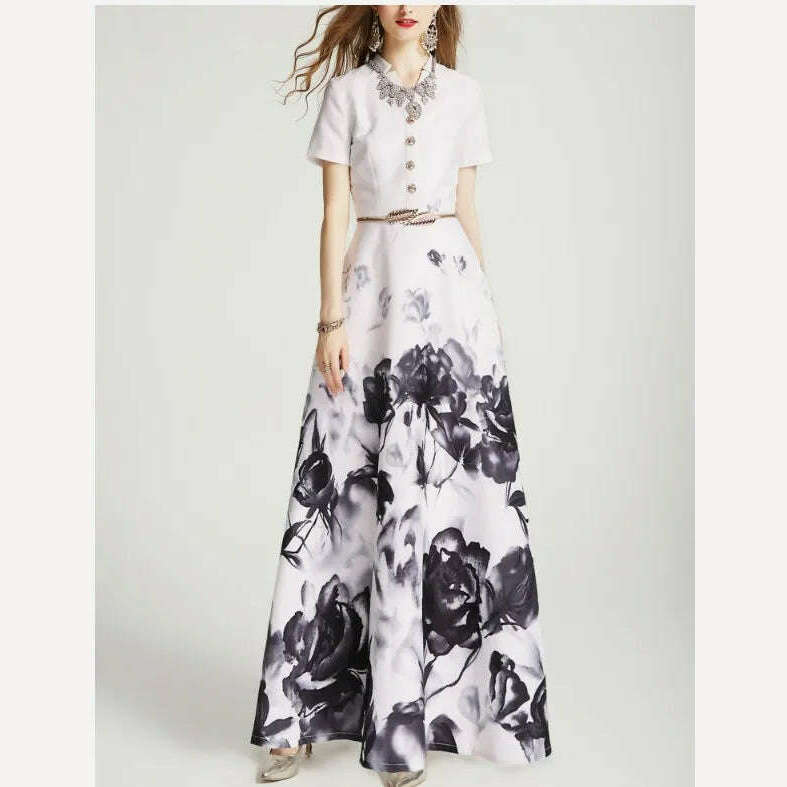 KIMLUD, 2020 New Spring and Autumn Women V Neck Retro Printed Super Long Dress Ladies Elegant Slim Hepburn Style Maxi Long Dresses, KIMLUD Womens Clothes