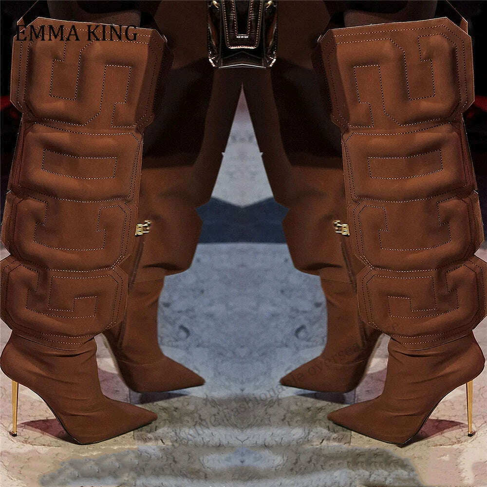 KIMLUD, 2021 Autumn Women Thigh High Boots Stretch Lycra Ladies Botas Mujer Unique Cube Letter Runway Shoes Iron Heels Botas Altas Mujer, KIMLUD Womens Clothes