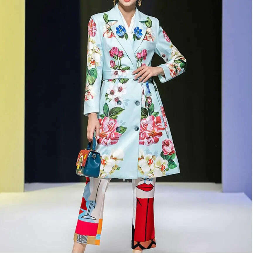 KIMLUD, 2021 Designer Summer Floral print Vintage Coat Outwear Women Long sleeve Belt Single Breasted Casual Overcoat, KIMLUD Womens Clothes