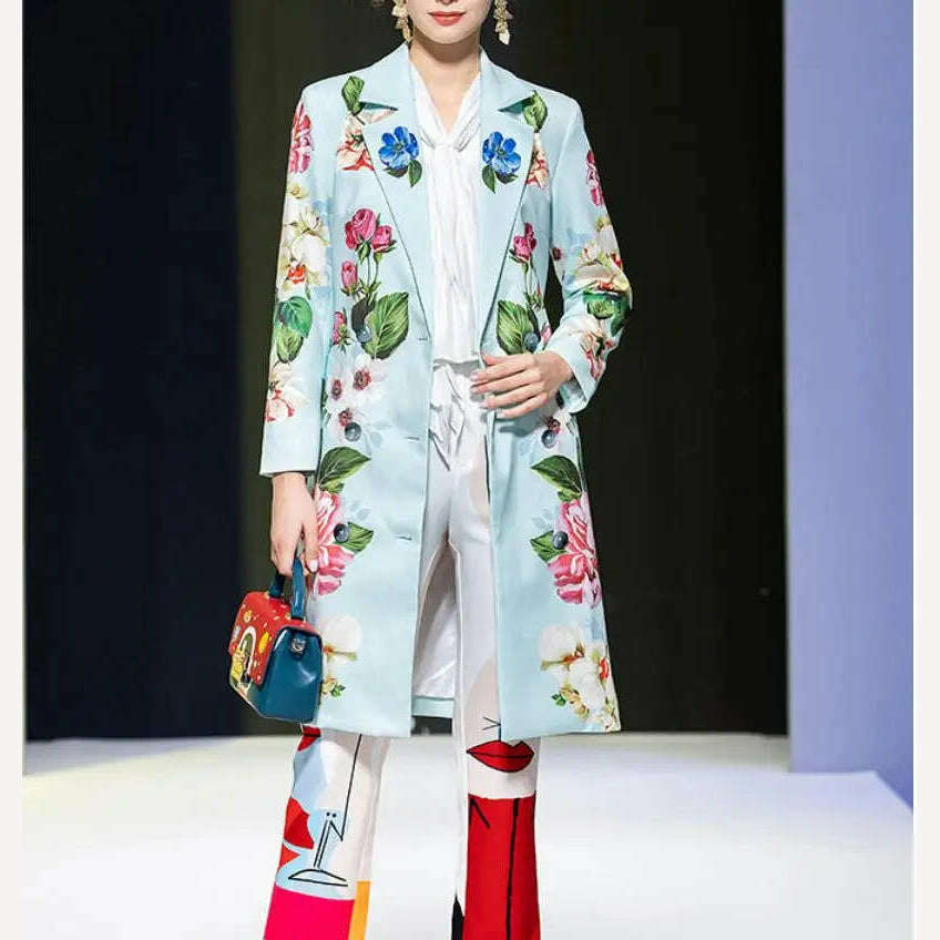 KIMLUD, 2021 Designer Summer Floral print Vintage Coat Outwear Women Long sleeve Belt Single Breasted Casual Overcoat, KIMLUD Womens Clothes