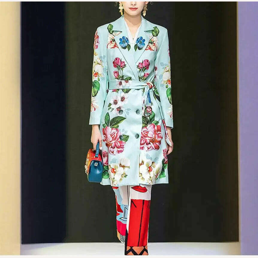 KIMLUD, 2021 Designer Summer Floral print Vintage Coat Outwear Women Long sleeve Belt Single Breasted Casual Overcoat, KIMLUD Womens Clothes