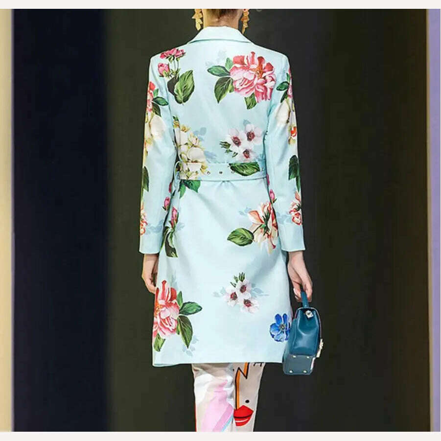 KIMLUD, 2021 Designer Summer Floral print Vintage Coat Outwear Women Long sleeve Belt Single Breasted Casual Overcoat, KIMLUD Womens Clothes