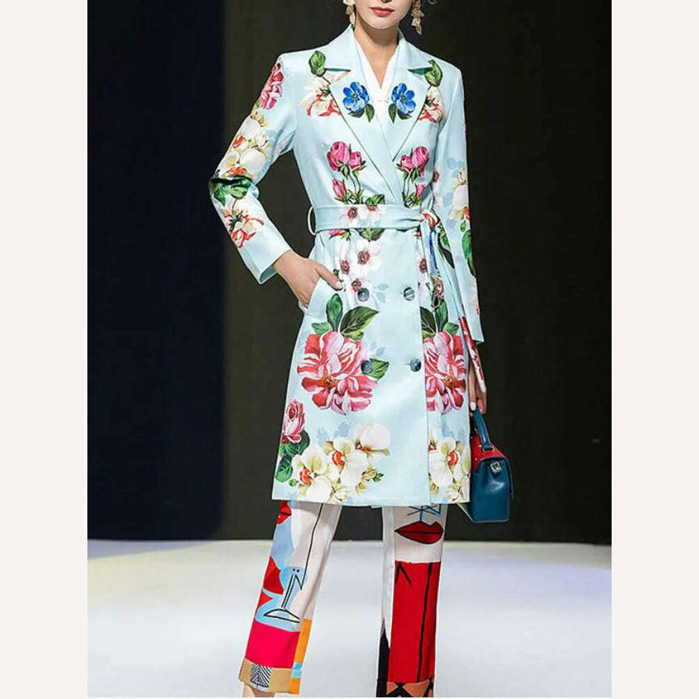 KIMLUD, 2021 Designer Summer Floral print Vintage Coat Outwear Women Long sleeve Belt Single Breasted Casual Overcoat, KIMLUD Womens Clothes