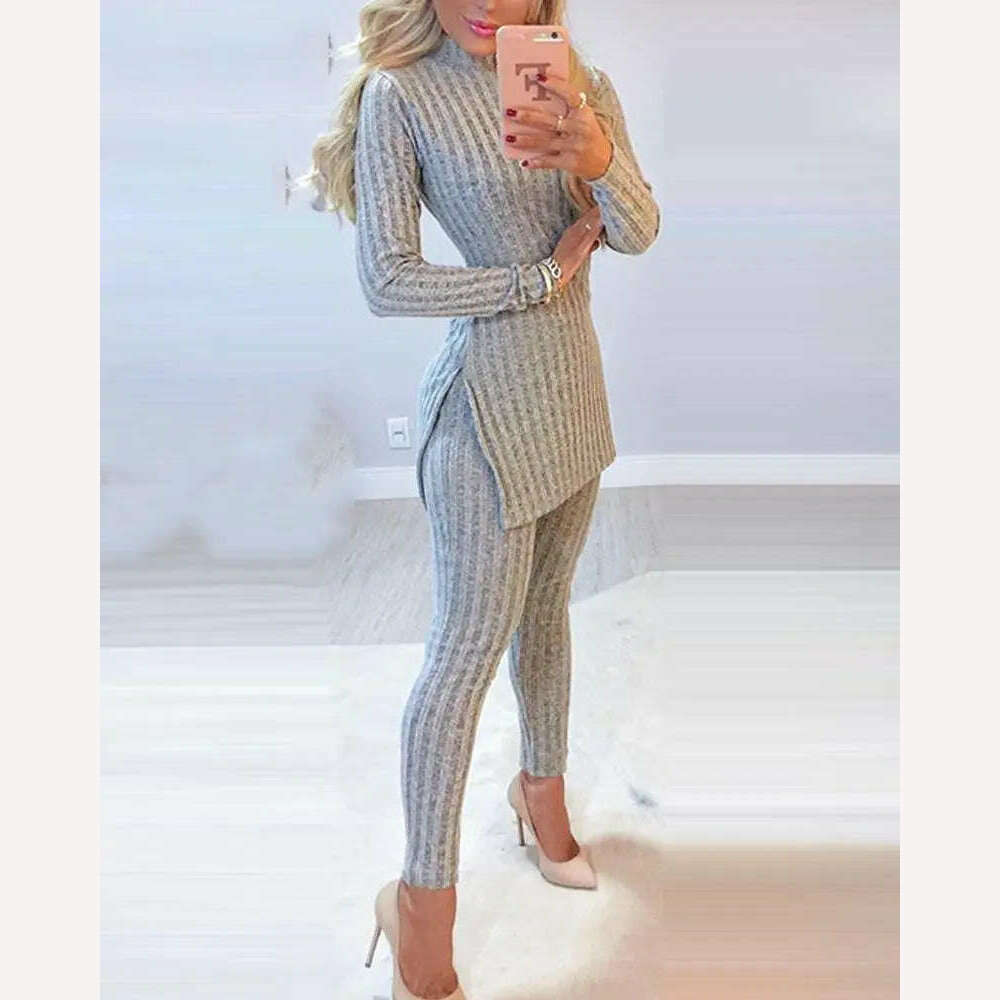 KIMLUD, 2021 Fall Winter Knitted 2 Piece Suits Women Long Sleeve Ribbed Slit Long Top and High Waist Pencil Pants Set Fashion Outfit, KIMLUD Women's Clothes