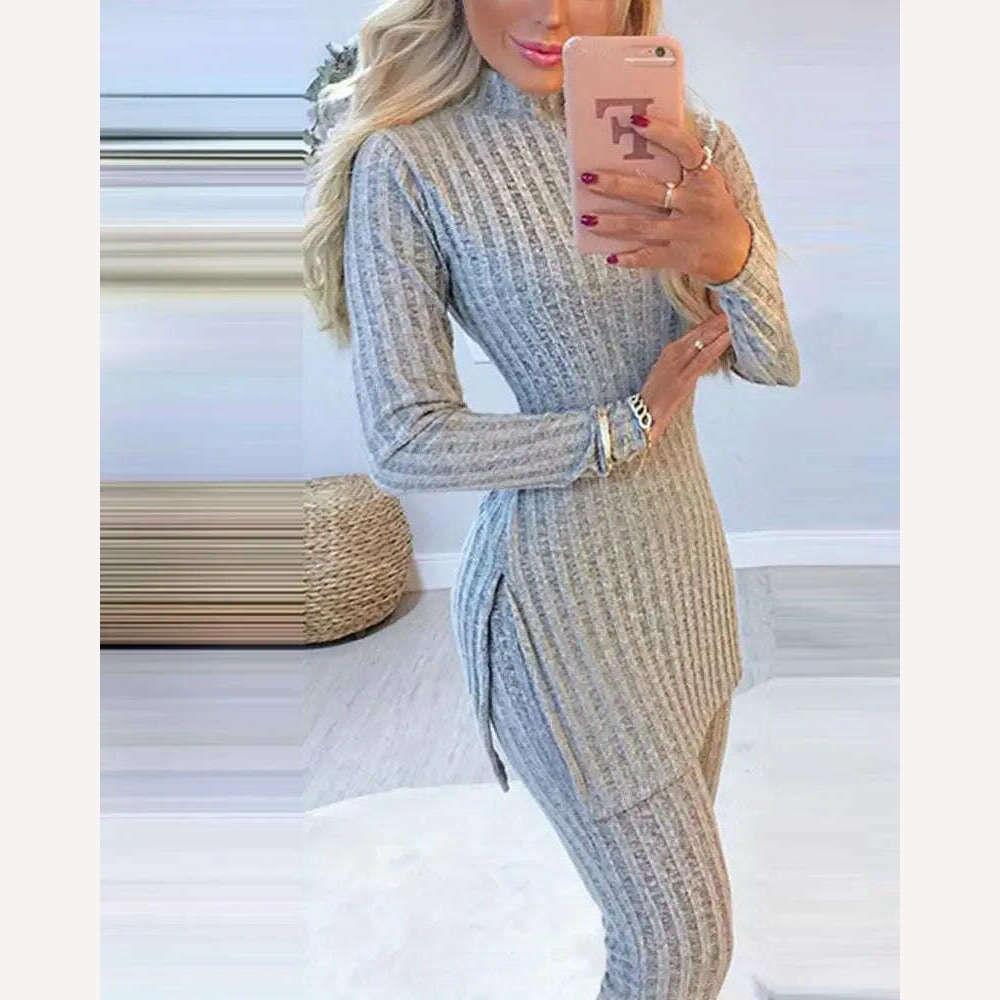 KIMLUD, 2021 Fall Winter Knitted 2 Piece Suits Women Long Sleeve Ribbed Slit Long Top and High Waist Pencil Pants Set Fashion Outfit, KIMLUD Womens Clothes